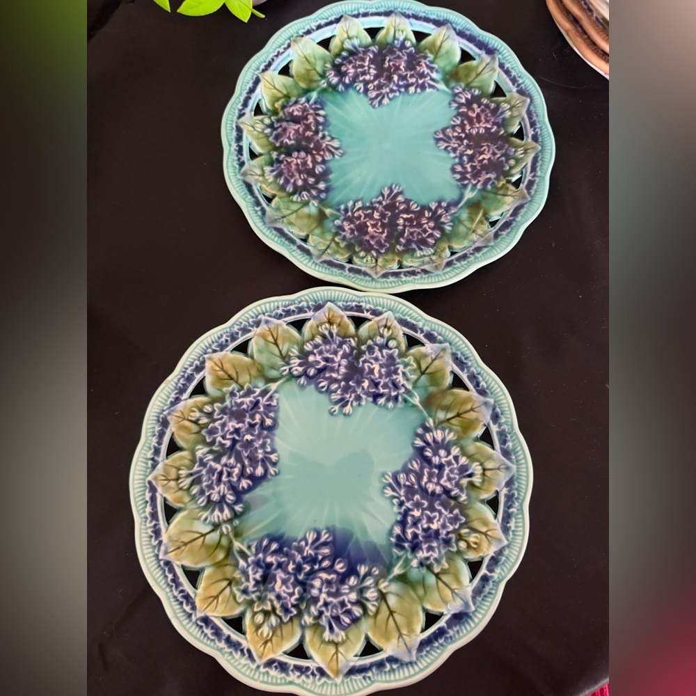 RARE Antique Villeroy & Boch Majolica Reticulated turquoise Plates